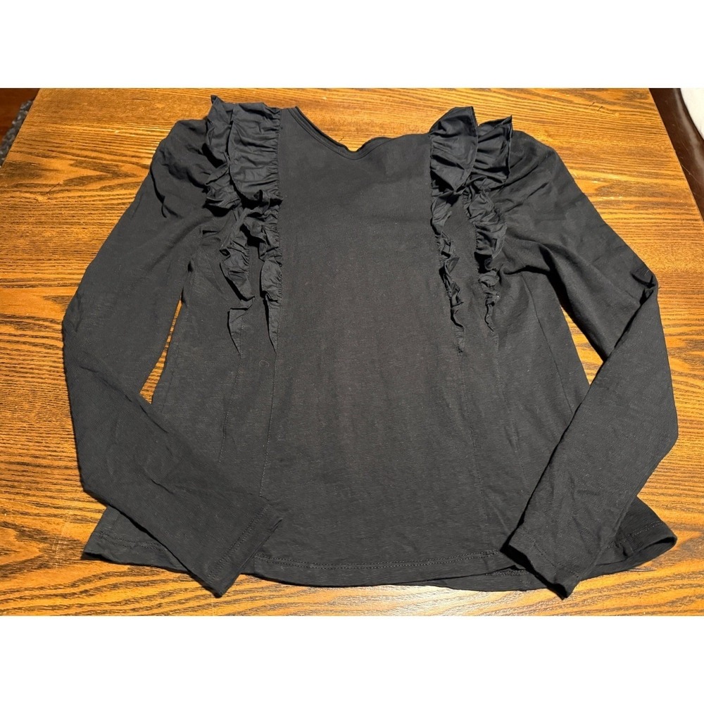 By Anthropologie Top Womens S Black Ruffle V Neck Long Sleeve Knit Blouse chic - Picture 9 of 16